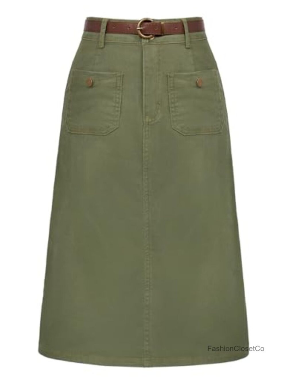 High Waisted Denim Skirt with Belt Below Knee Length Cotton Blend